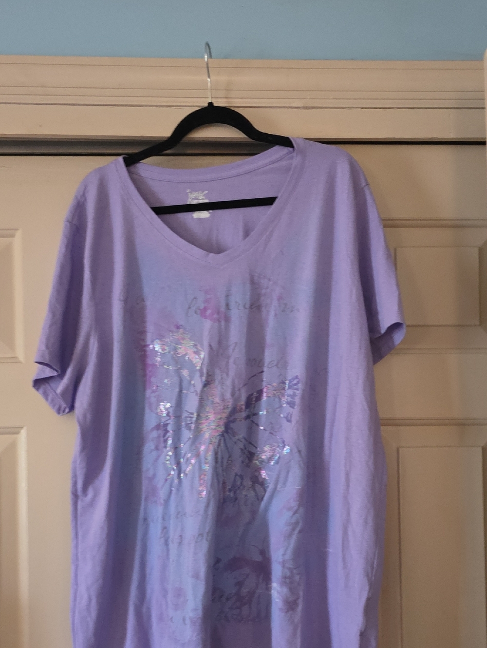 Just My Size Lavender V-Neck Tee with Iridescent Butterfly